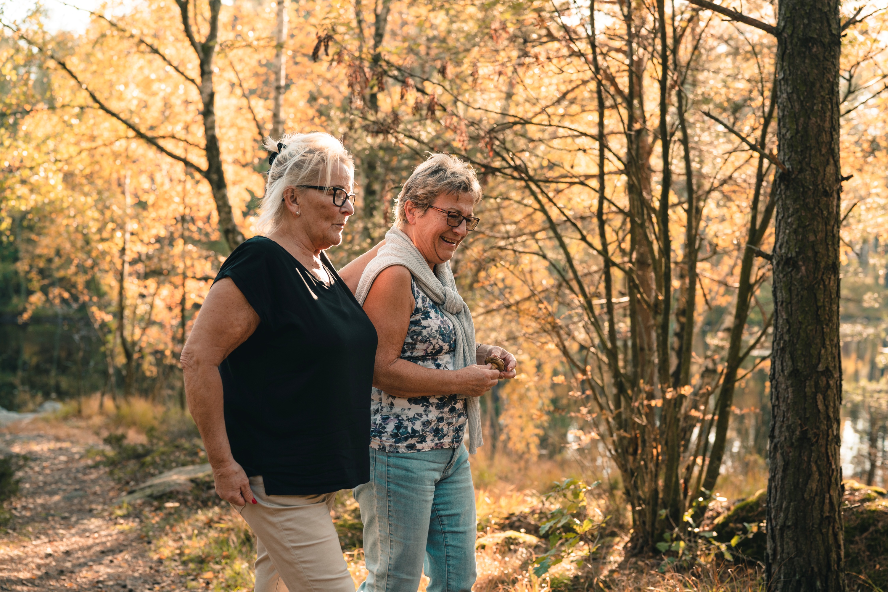 To litt eldre kvinner går på tur i skogen en varm høstdag.
